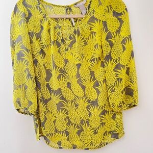 Banana Republic Yellow Pineapple Print sheer Blouse